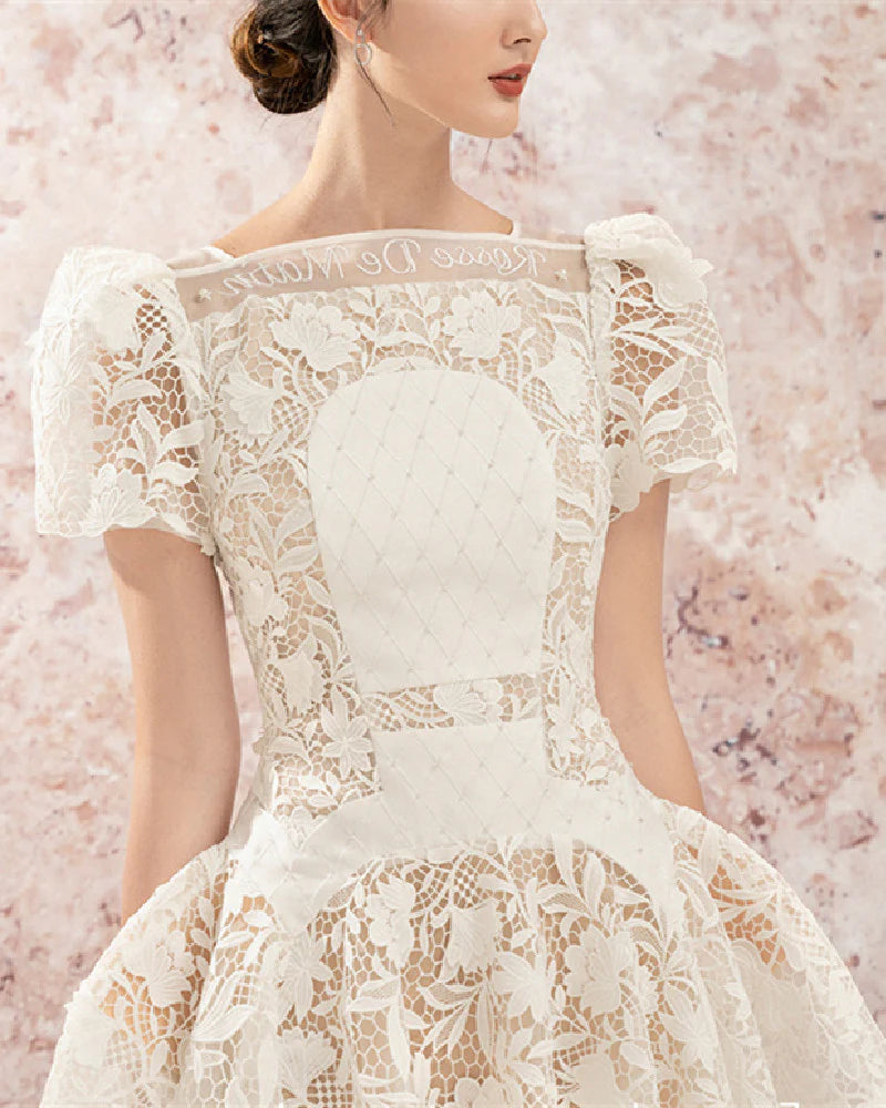 Flowering Girl Women rose sleeve lace hollow mini dress in white