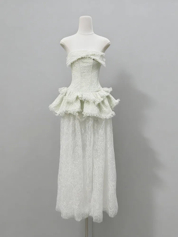 Tiffany Fitted Lace-Paneled Strapless Maxi Dress In Green
