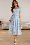 penny Elegant Square Neck Jacquard Waisted Dress