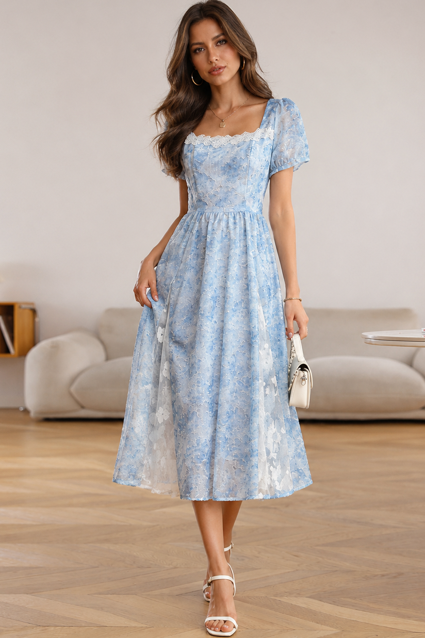 penny Elegant Square Neck Jacquard Waisted Dress