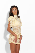 Pale Yellow Floral Lace Puff Sleeve Ruched Bodycon Mini Dress