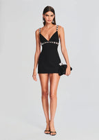 karen V-neck rhinestone embellished stretch Bodycon mini dress in black