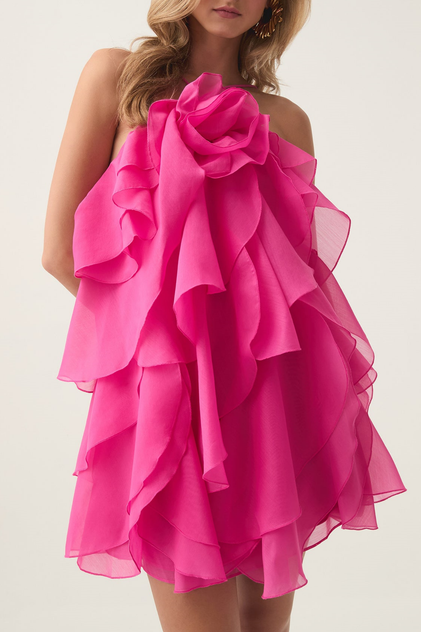 Flowering Girl Women lorraine Halter Floral Ruffle Layered Mini Dress in Fuchsia