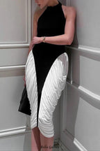Colorblock Patchwork Sleeveless pleated midi Dress