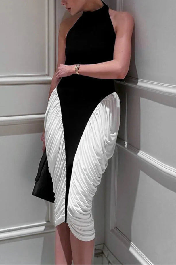 Flowering Girl Women Colorblock Patchwork Sleeveless Pleated Midi Dress