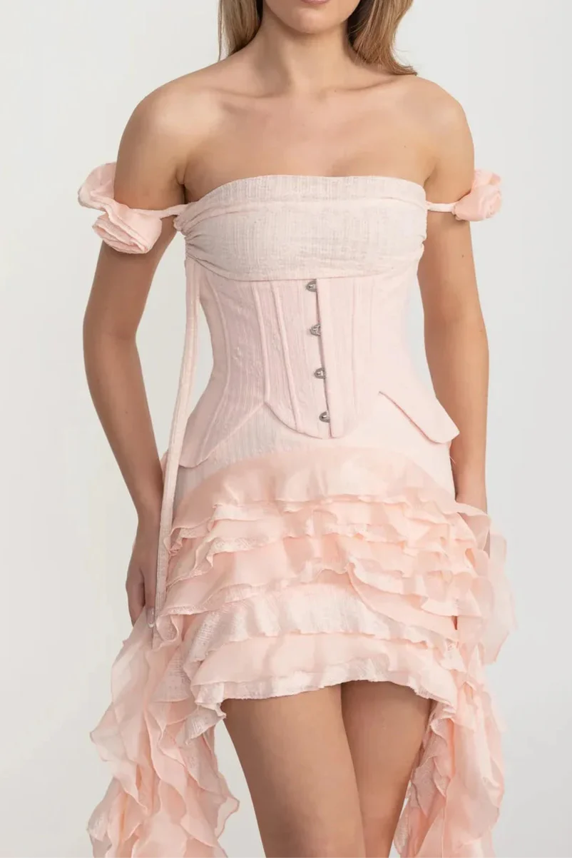 Flowering Girl Women Vintage Inspired Corset Dress With Ruched Bustier And Flowing Ruffled Side Details - Pink