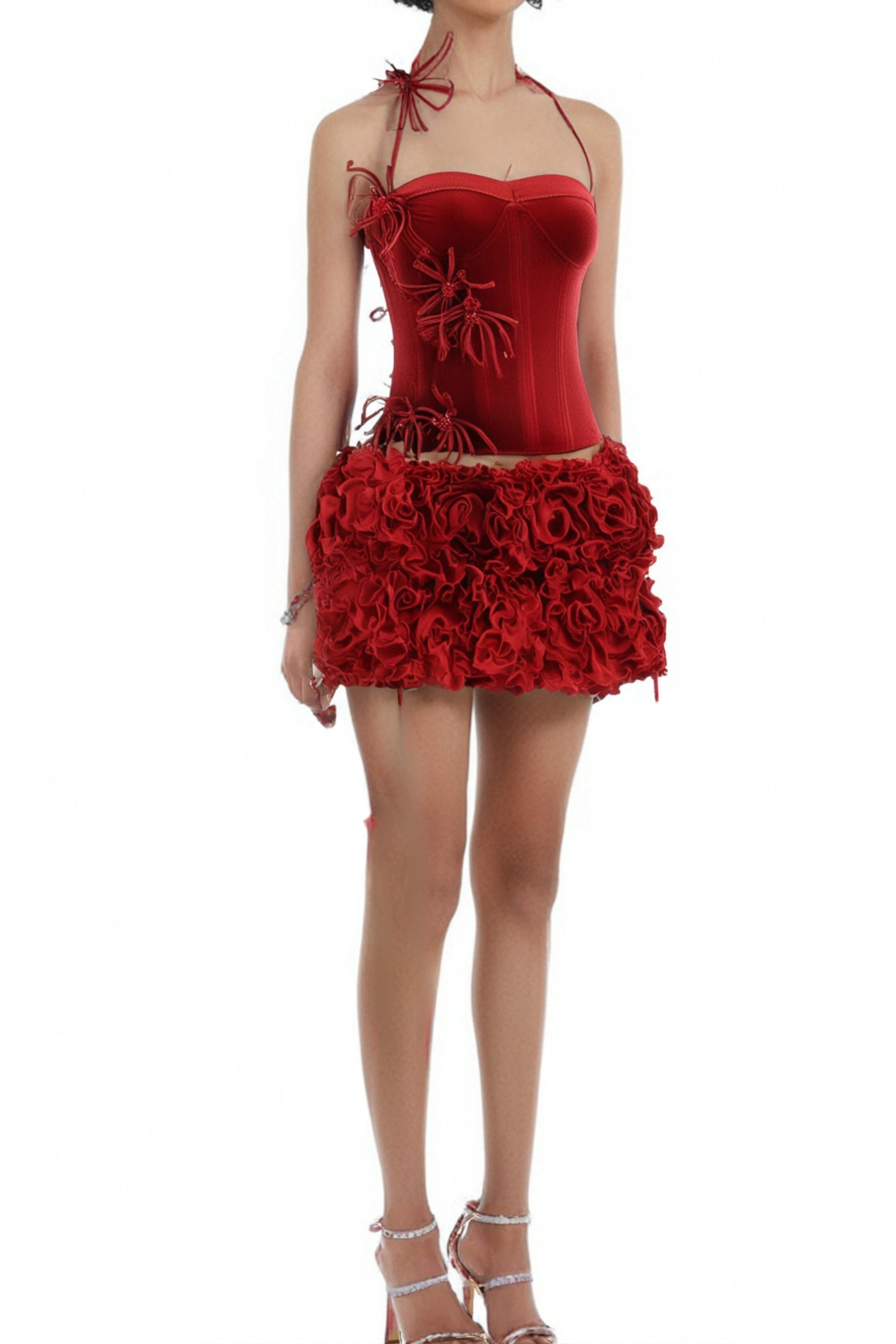 Flowering Girl Women Corset Floral Mini Skirt Suit In Red