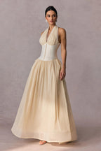Flowering Girl Women tiffany halterneck tulle overlay maxi dress in apricot