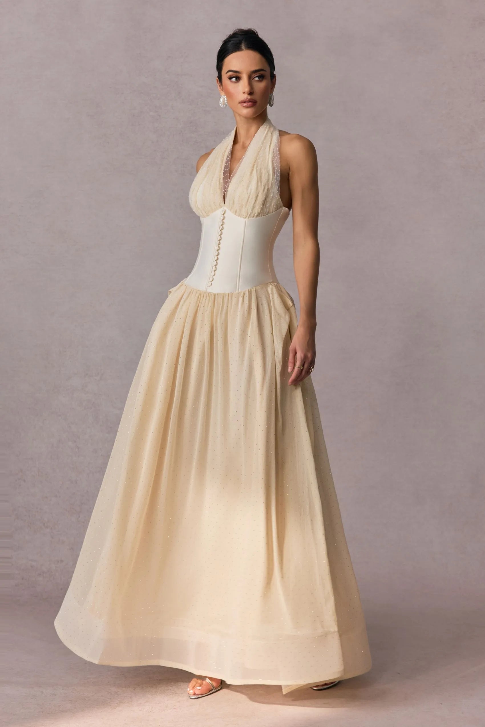 Flowering Girl Women tiffany halterneck tulle overlay maxi dress in apricot