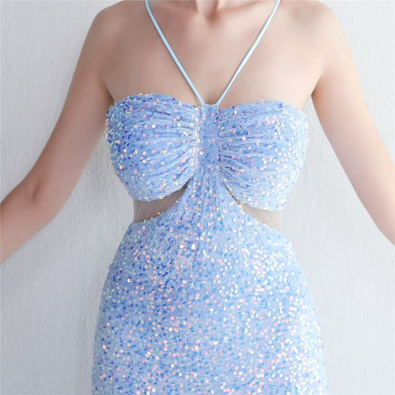 Flowering Girl Women MARIAN BLUE CUTOUT SEQUINS HALTER MAXI DRESS