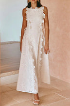 Flowering Girl Women Lace Trim Embroidery Hollow Midi Dress In White