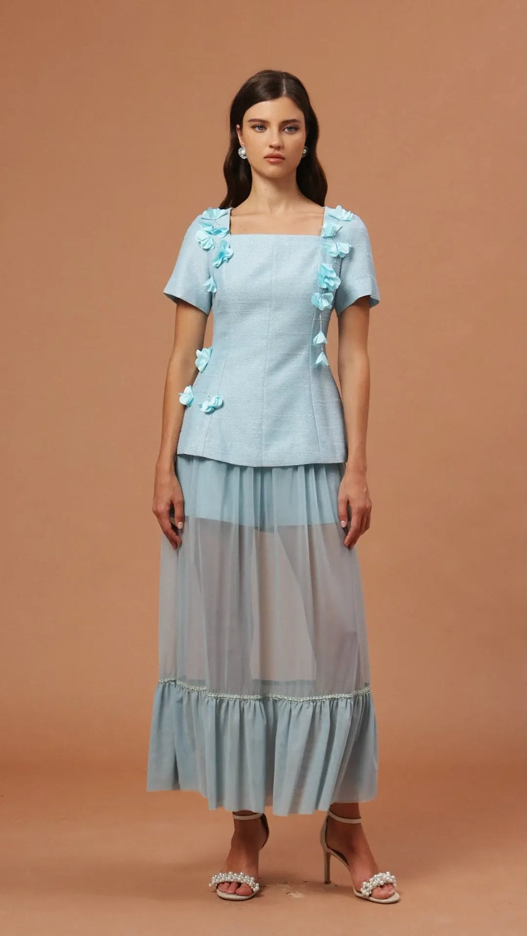 Flowering Girl Women Ursula Blue Short Sleeves Flowers Folds Top And Skirt Two-Piece Set