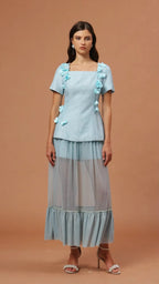 Flowering Girl Women Ursula Blue Short Sleeves Flowers Folds Top And Skirt Two-Piece Set