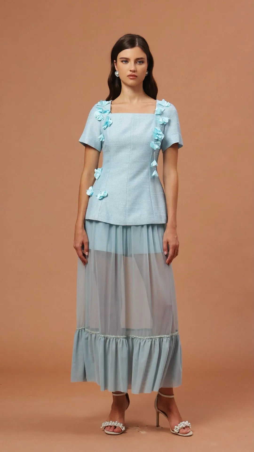 Flowering Girl Women Ursula Blue Short Sleeves Flowers Folds Top And Skirt Two-Piece Set