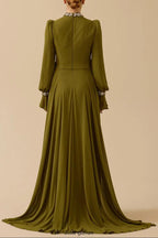 alyssa puff long sleeve pleated silk maxi dress in green