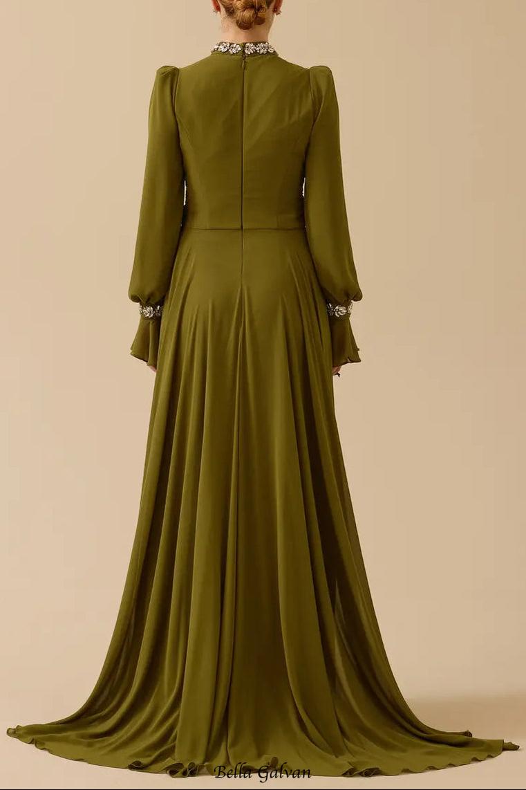 alyssa puff long sleeve pleated silk maxi dress in green