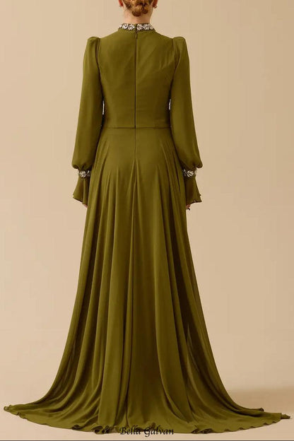 alyssa puff long sleeve pleated silk maxi dress in green