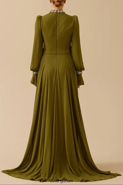 alyssa puff long sleeve pleated silk maxi dress in green