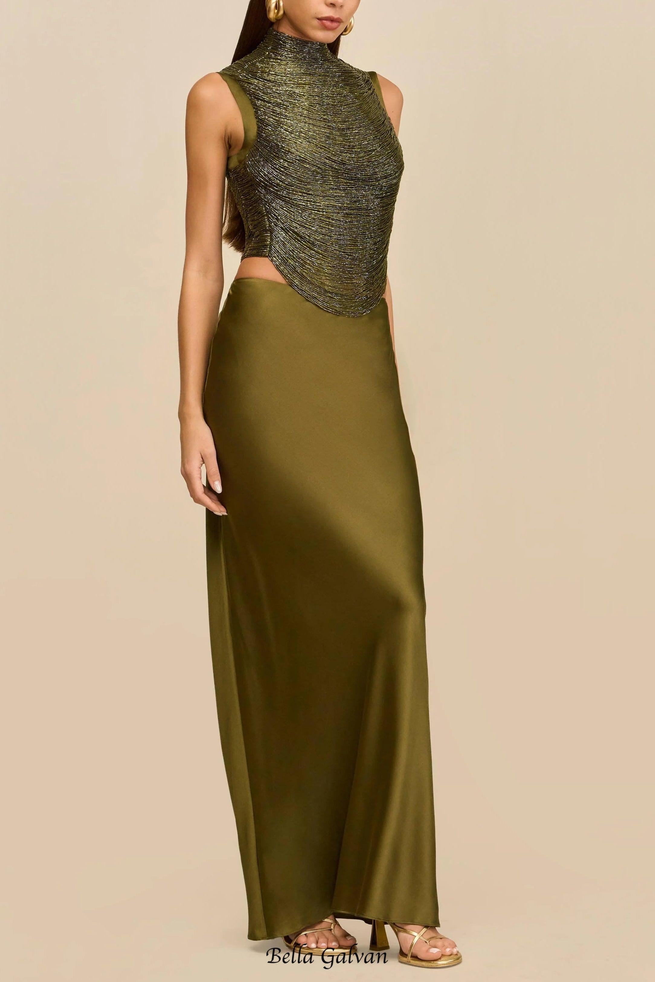 Sleeveless Turtleneck Tassel Paneled Top and Satin Skirt Set in green