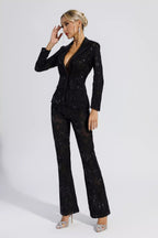 Vicky Black Cutout Floral Embroidered Sequin Blazer Set