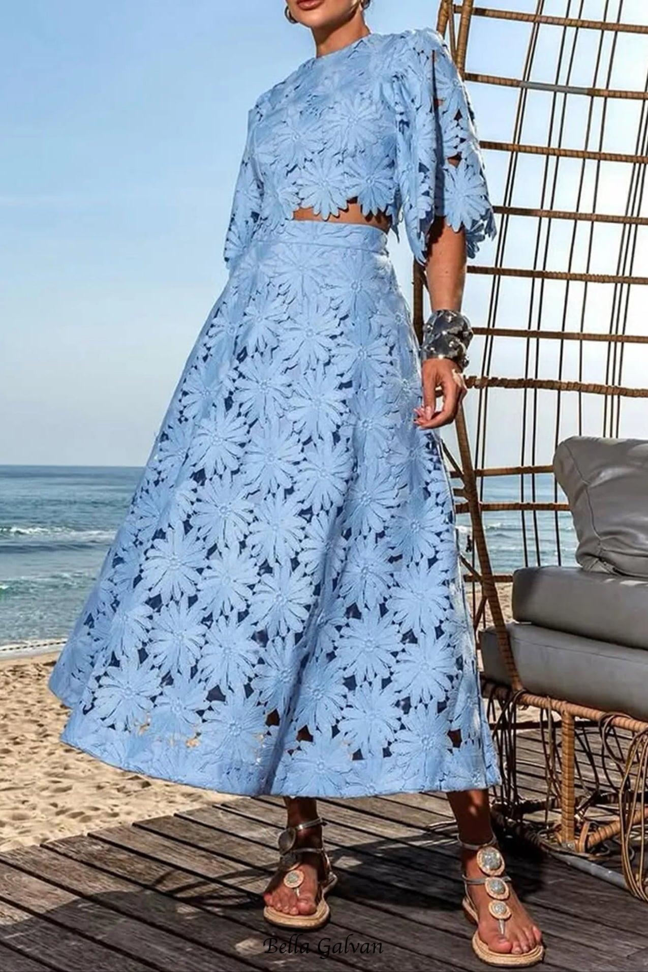 Lace Embroidered Top & Maxi Skirt Two-Piece Set in blue