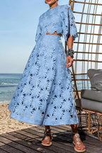 Flowering Girl Women Lace Embroidered Top & Maxi Skirt Two-Piece Set In Blue