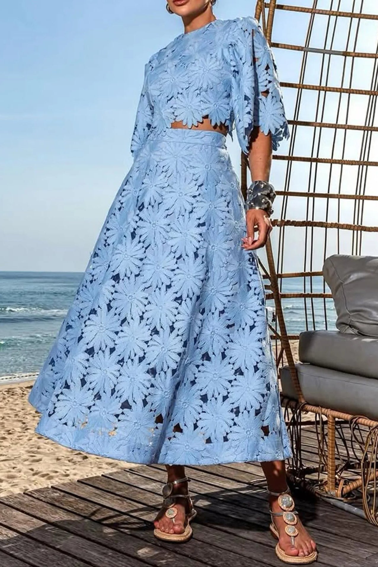 Flowering Girl Women Lace Embroidered Top & Maxi Skirt Two-Piece Set In Blue