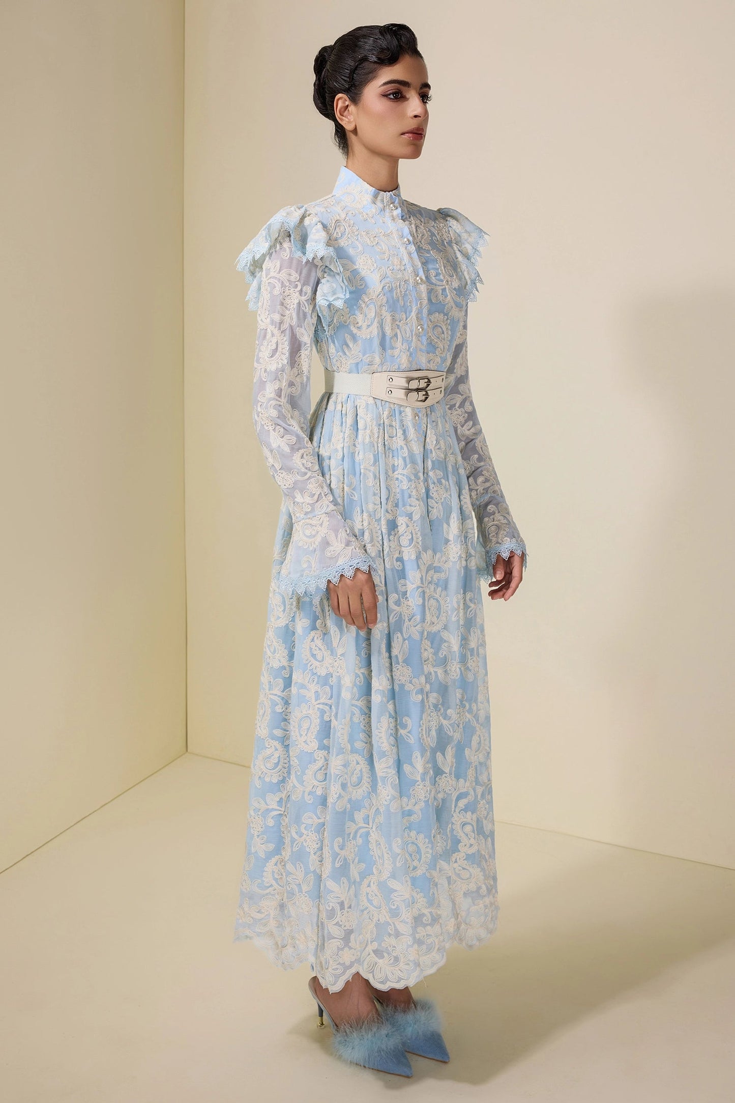 alma Chiffon Embroidered Single Breasted Midi Dress With Belt - blue