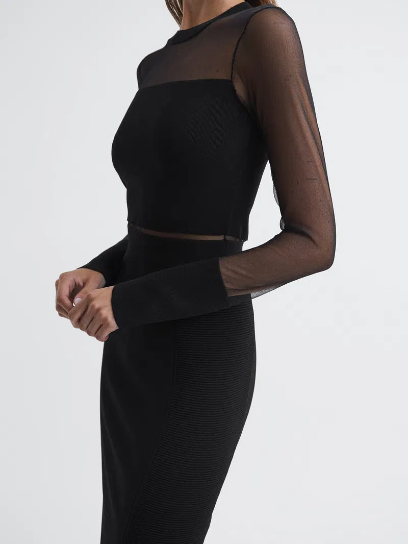 Flowering Girl Women lyla knitted sheer sleeve midi dress in black