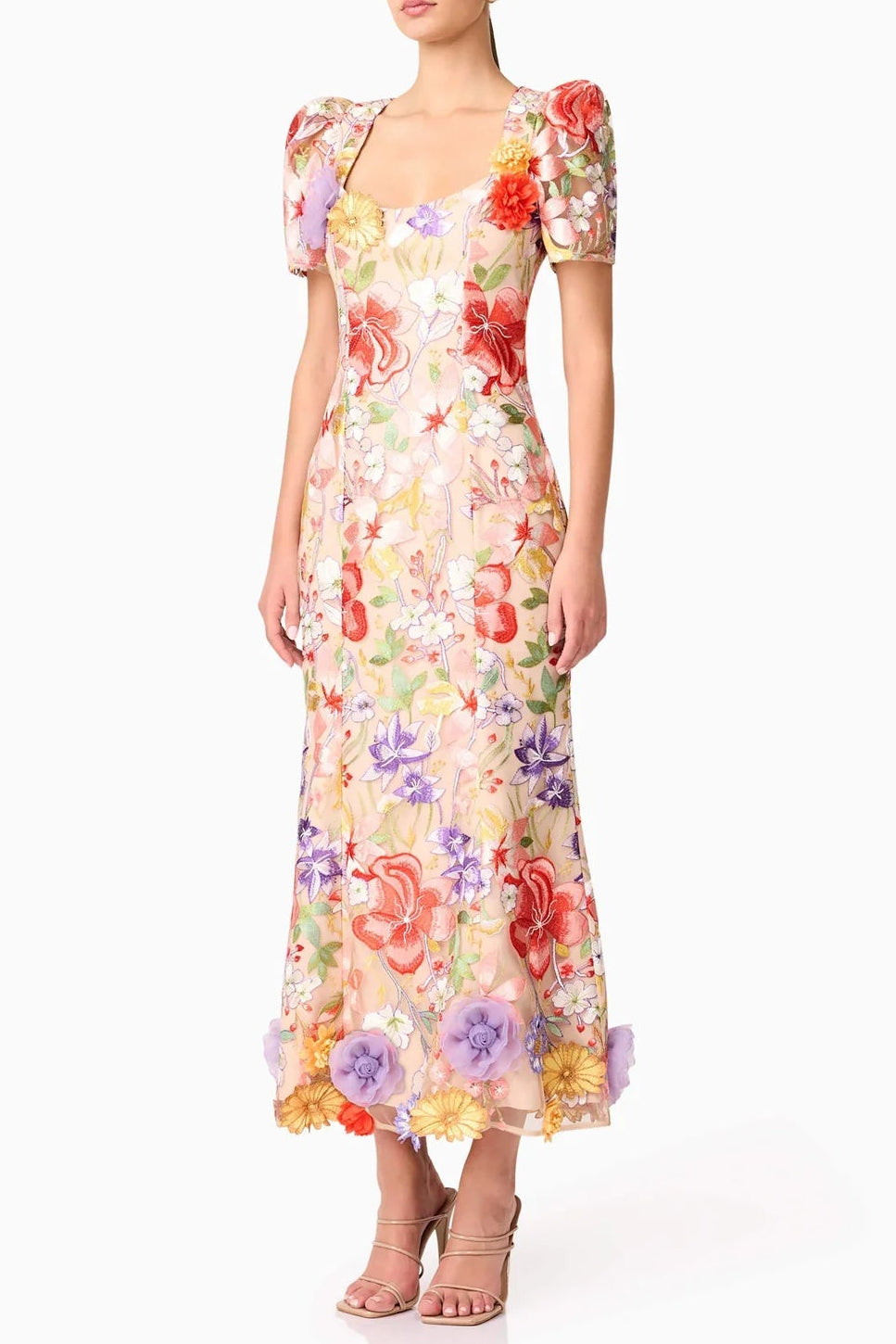 Flowering Girl Women Trista Multicolor Square Neck Backless Mesh Embroidered Fishtail Maxi Dress