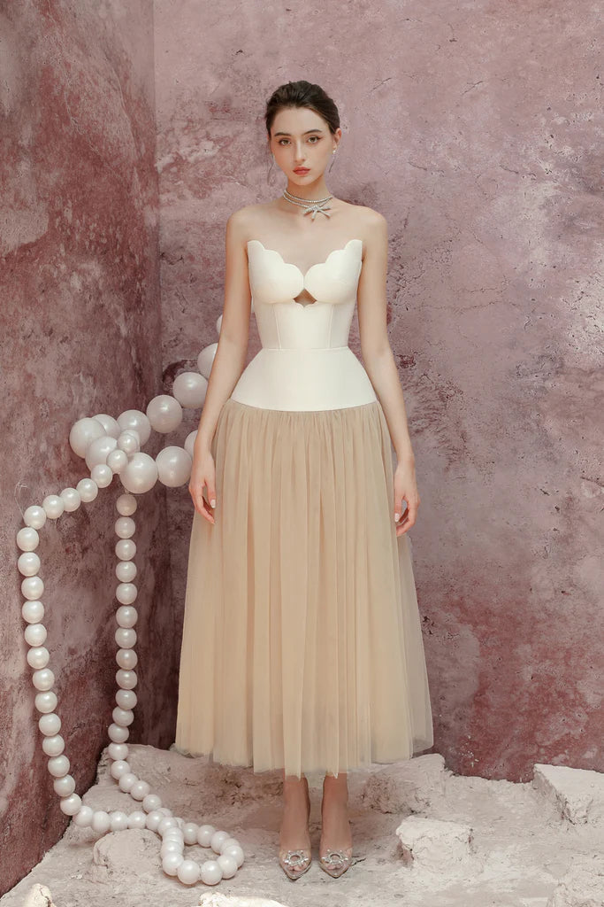 Flowering Girl Women Two-Tone Hollow Tube Top Tulle Midi Dress