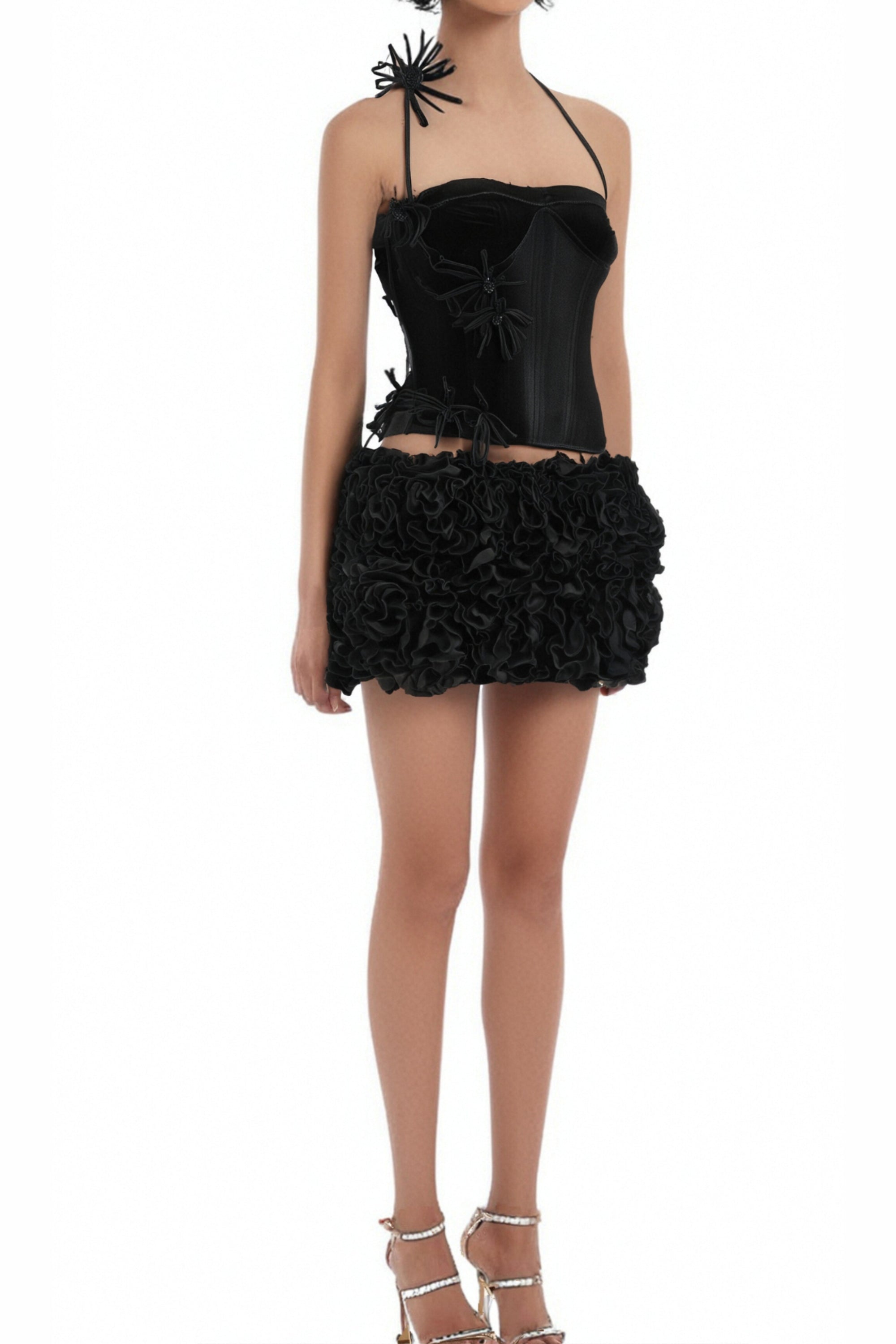 Flowering Girl Women Velvet Corset Floral Mini Skirt Suit In Black