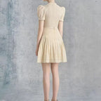 Pleated V-Neck Bud Sleeves Flower Waist A-Line Skirt