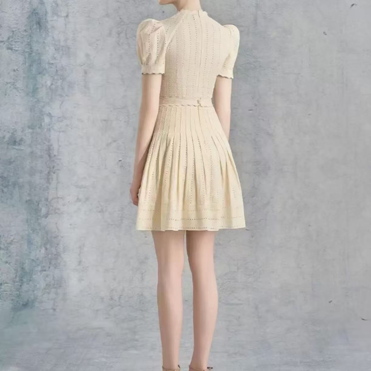Pleated V-Neck Bud Sleeves Flower Waist A-Line Skirt