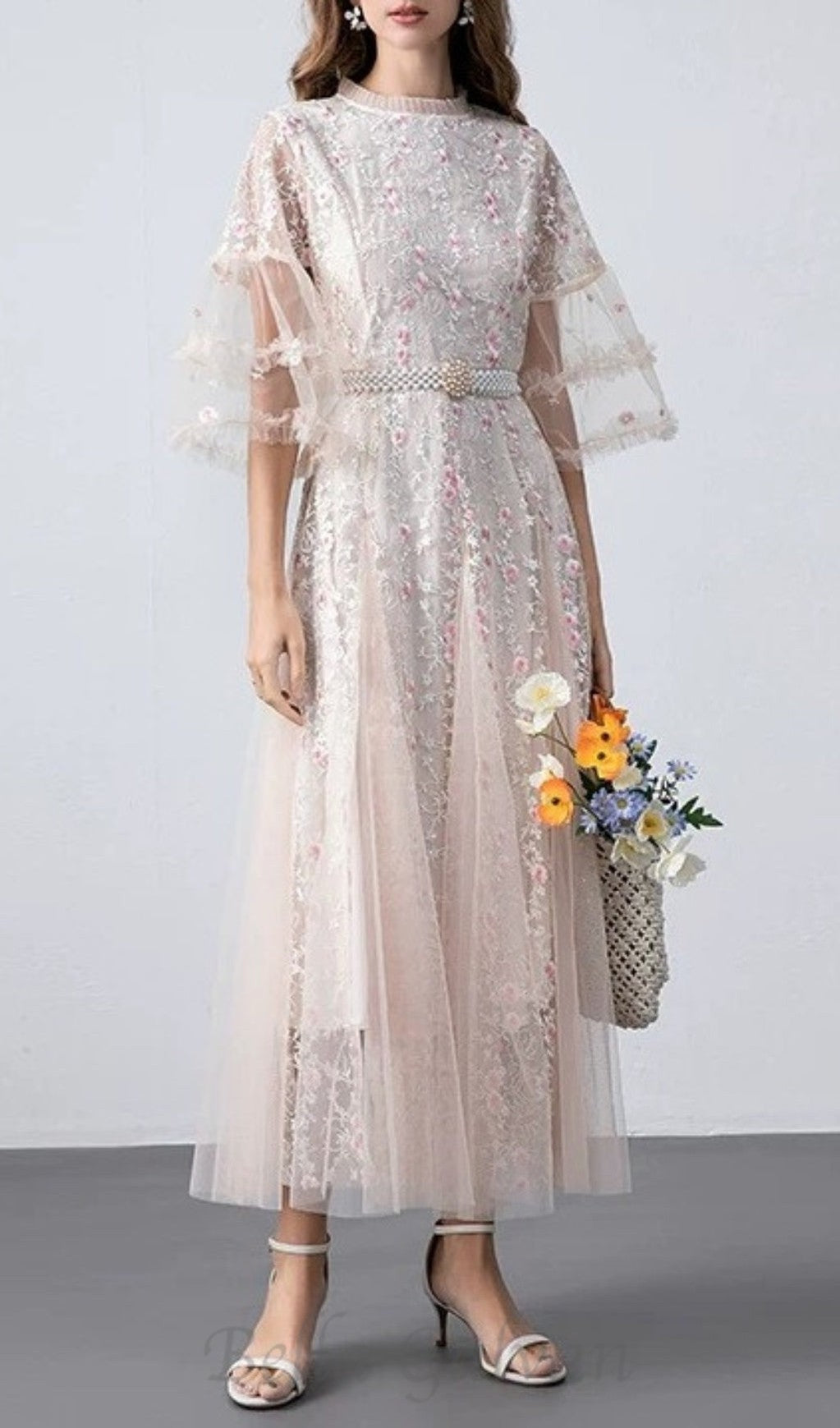 Flowering Girl Women flower mesh midi dress in apricot