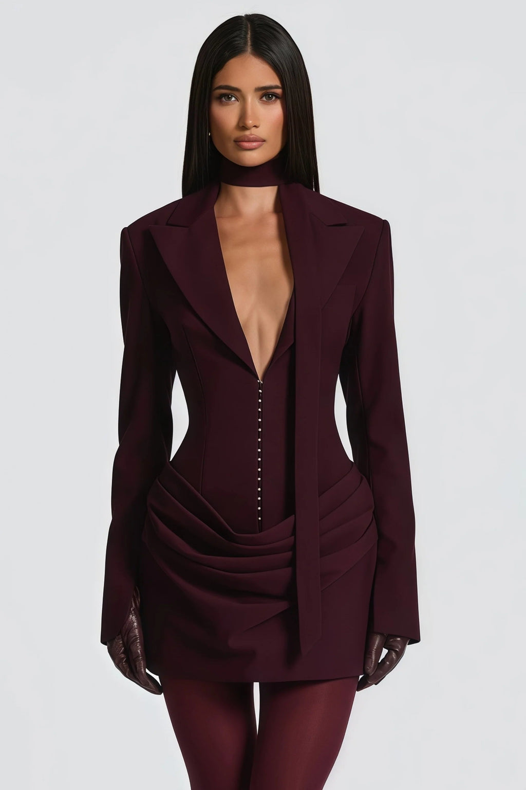 Flowering Girl Women Amelia v-Neck Ruched Blazer Mini Dress In Wine Red