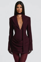 Flowering Girl Women Amelia v-Neck Ruched Blazer Mini Dress In Wine Red