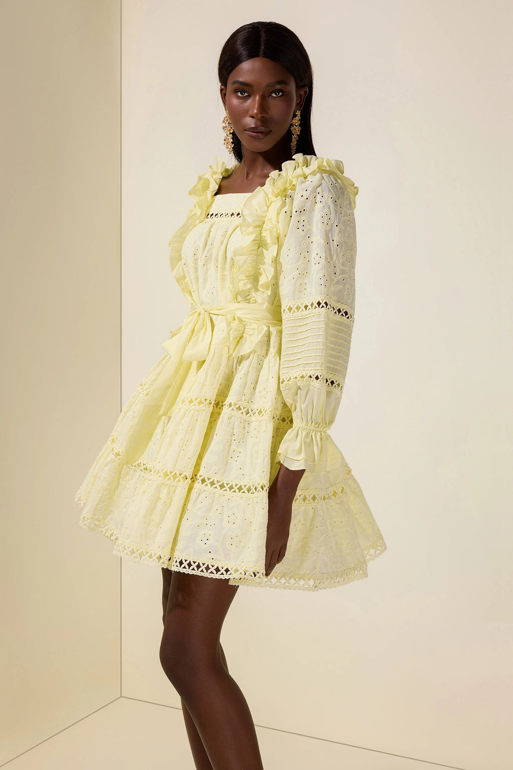 Flowering Girl Women victoria Embroidered hollow Ruffle Mini Dress - yellow