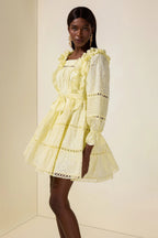 Flowering Girl Women victoria Embroidered hollow Ruffle Mini Dress - yellow