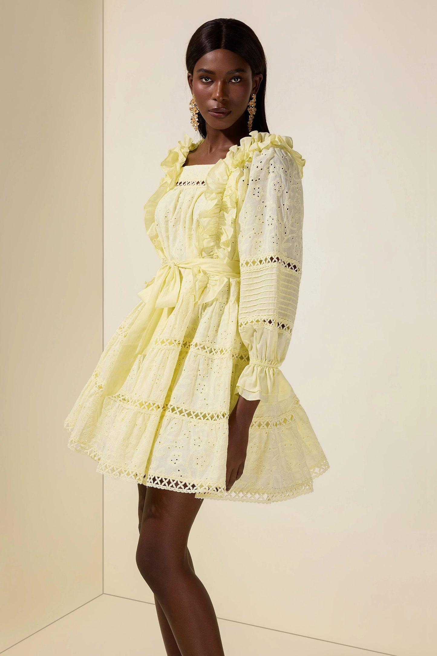 victoria Embroidered hollow Ruffle Mini Dress - yellow
