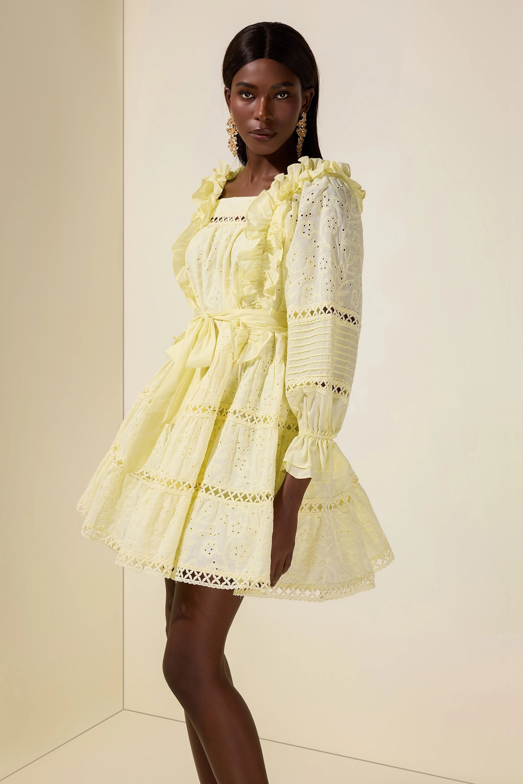 Flowering Girl Women victoria Embroidered hollow Ruffle Mini Dress - yellow
