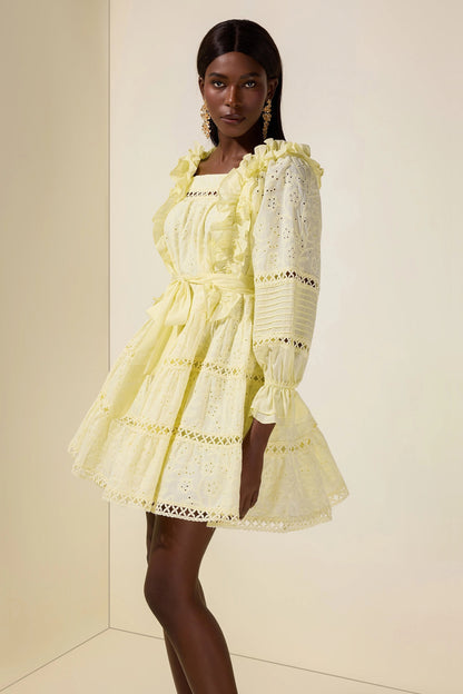 victoria Embroidered hollow Ruffle Mini Dress - yellow