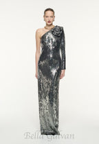 Flowering Girl Women Floral-appliqué sequin gown in silver