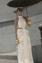 stephanie Cutout Waist halter Maxi Dress in beige