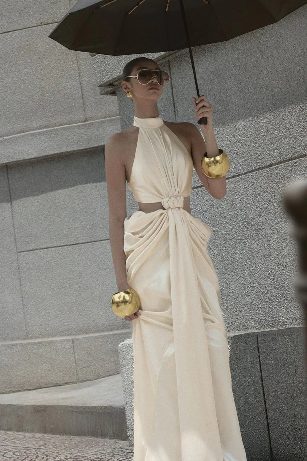 Stephanie Cutout Waist Halter Maxi Dress In Beige