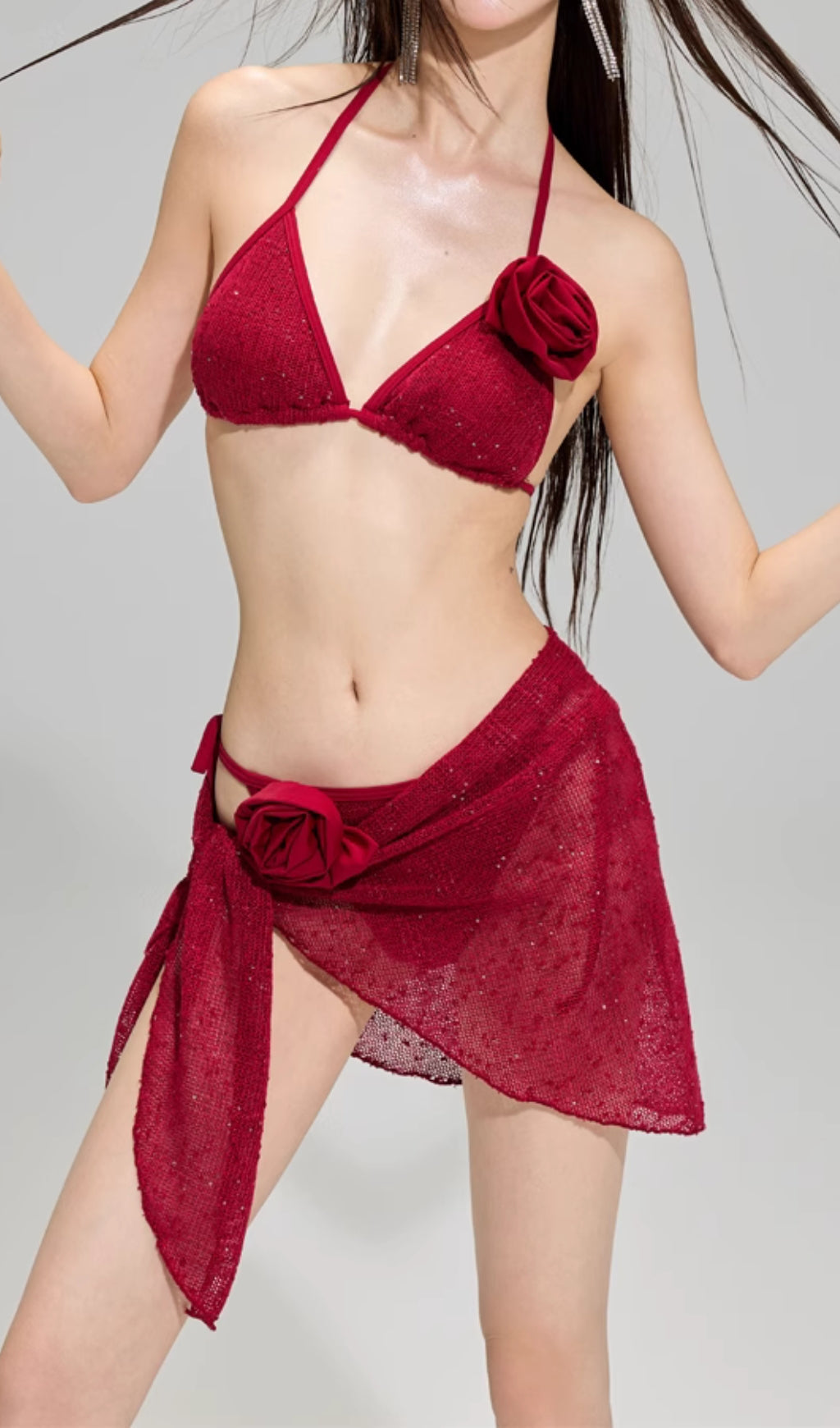 Flowering Girl Women Darina Red Flower Sequin Three-Piece Swimsuit