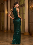 Green Sequin Cold Shoulder Cocktail Dress