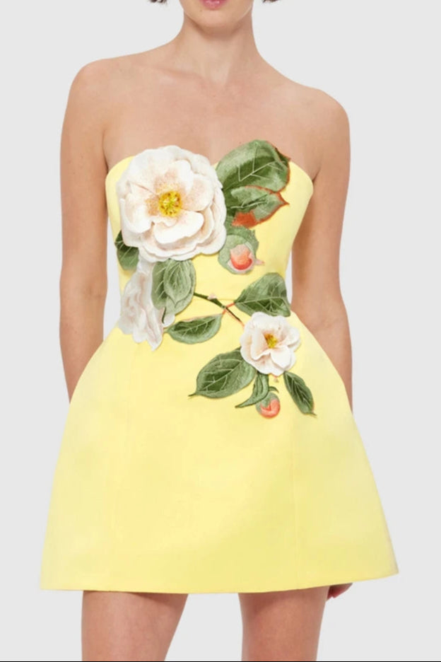 Flowering Girl Women Suzanne Appliqué Floral Bustier Mini Dress In Yellow
