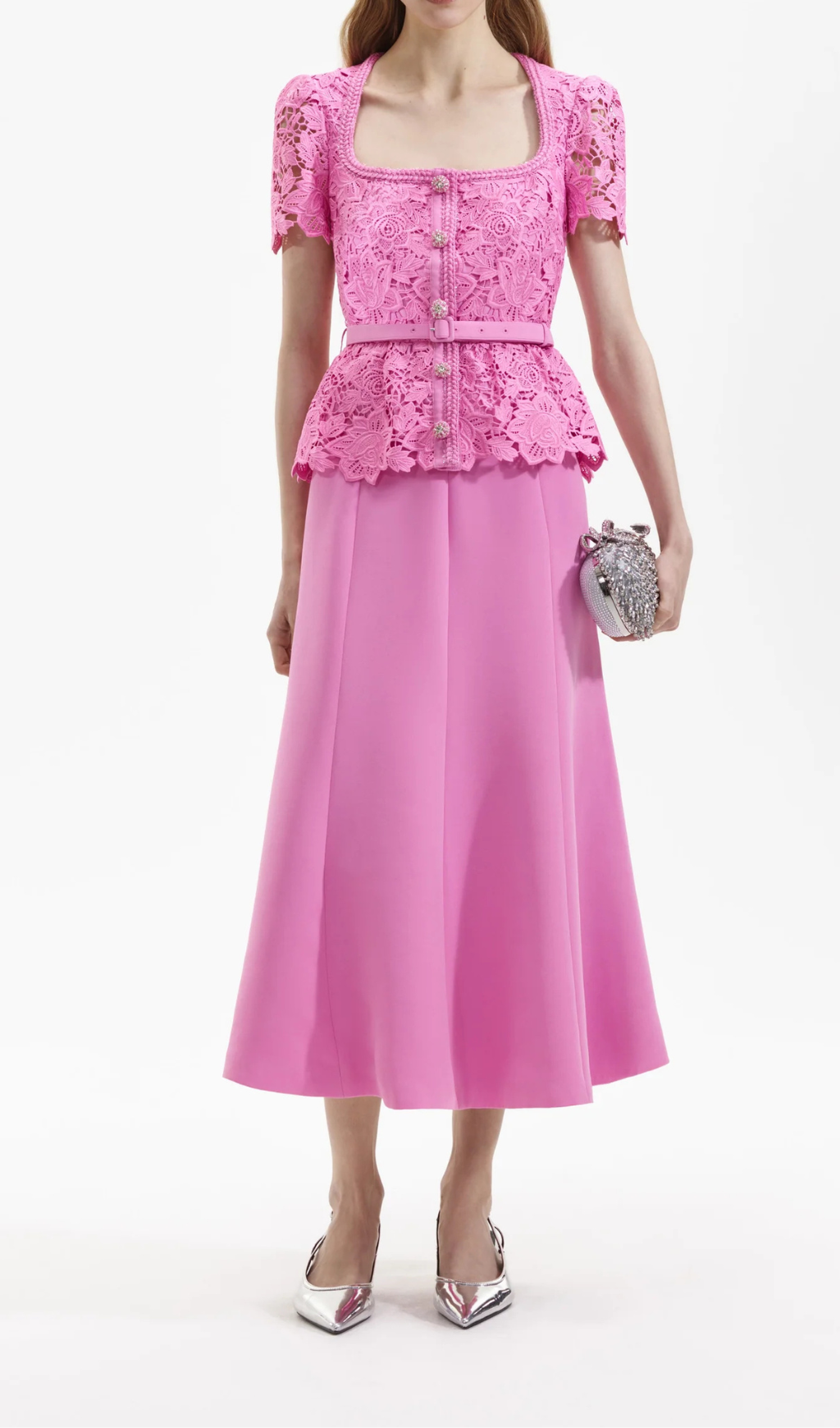 Pink Lace Tailored Midi Dress