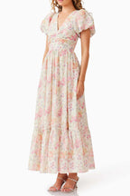 Flowering Girl Women V-Neck Puff Sleeves Floral Maxi Dress In Pink